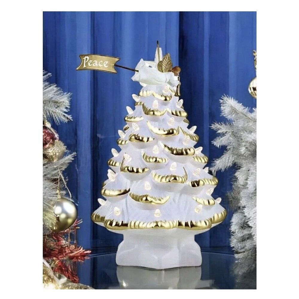 Mr Christmas Retro Nostalgic 14” White Gold LED Ceramic Tree Animated Angel NIB